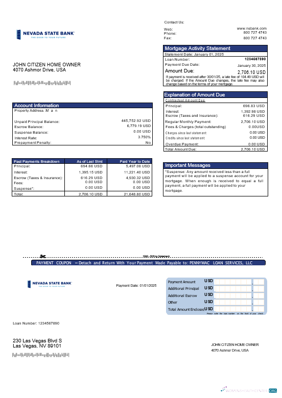 Download USA Nevada State Bank mortgage statement in Word and PDF formats Photoshop template